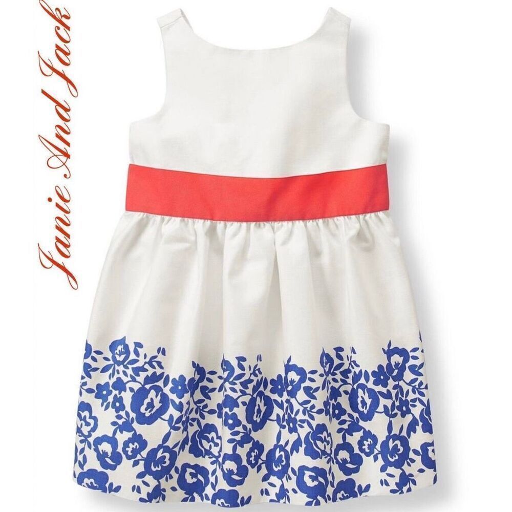 Janie & Jack Textured Floral Bottom Coral Ribbon Belt Spring Dress Girls Size 6